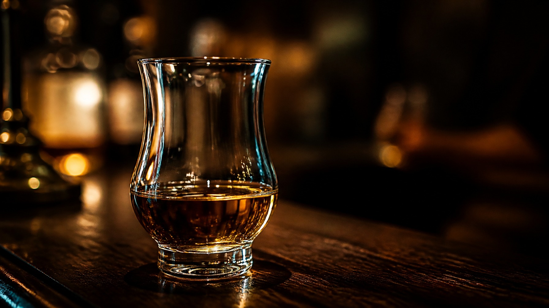 whiskey glass on bartop
