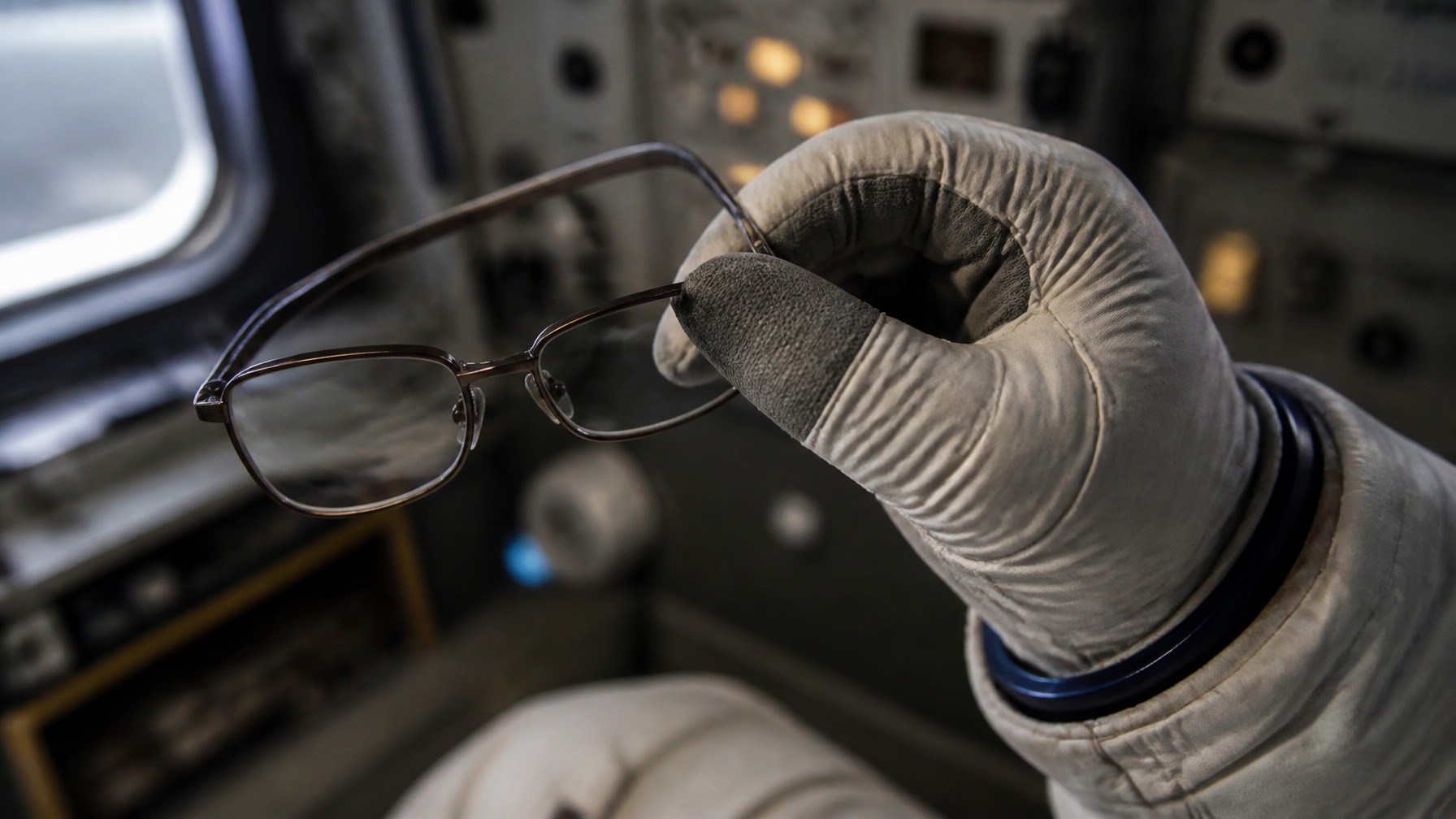 astronaut holding pair of glasses